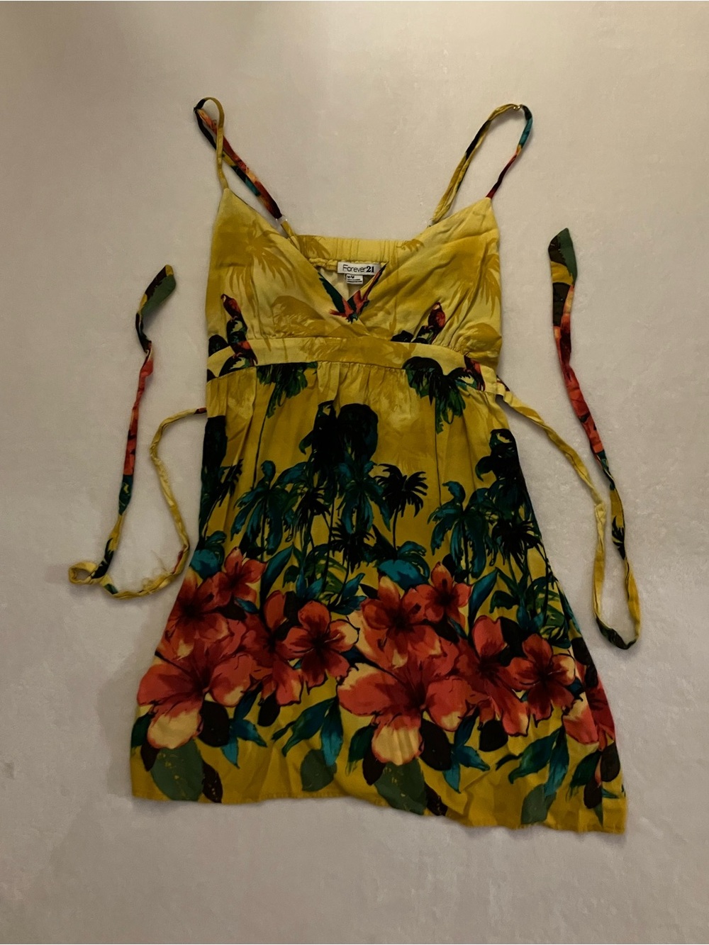 Y2K Yellow Tropical Floral Tie-Strap Dress